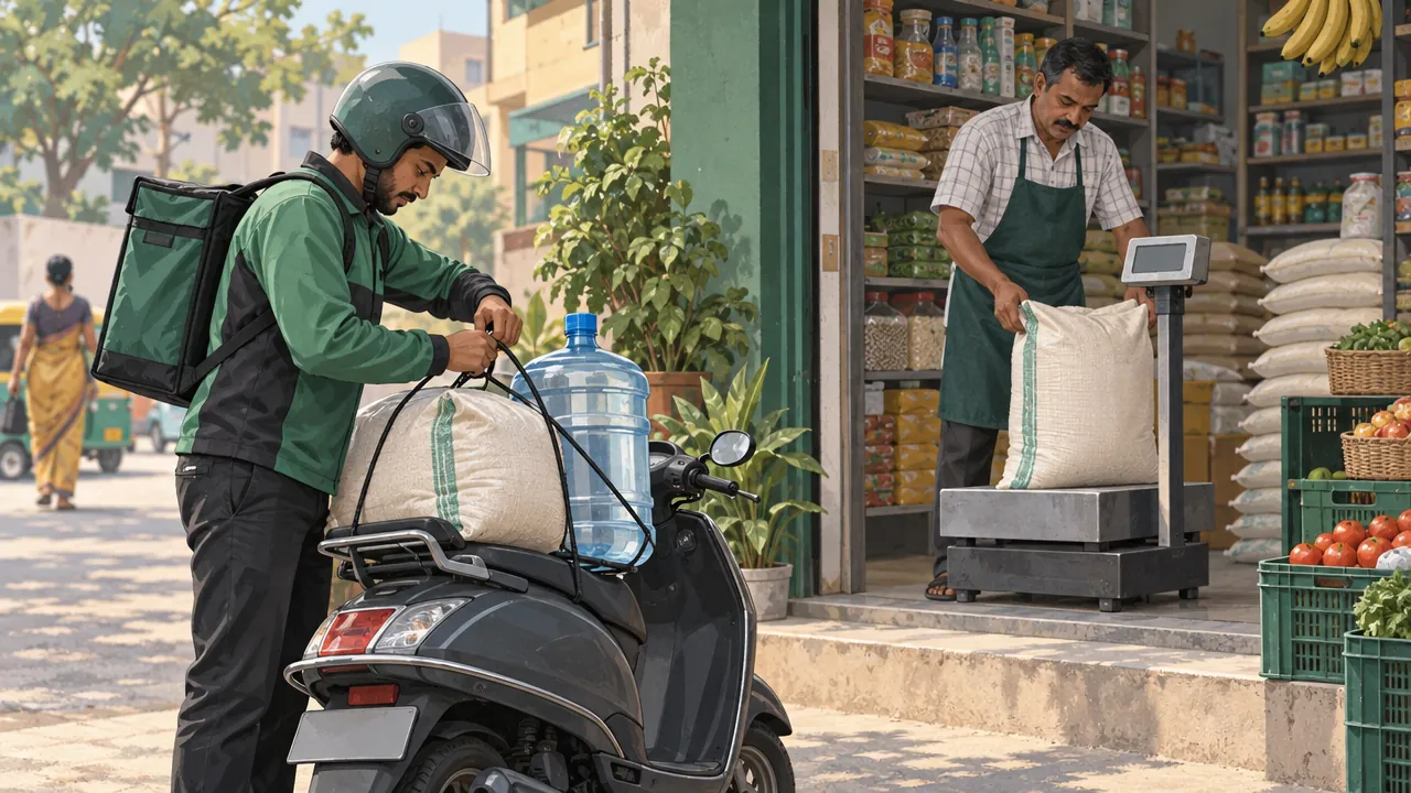 A delivery partner straps a water can and a rice sack to a scooter while the shopkeeper weighs another sack.