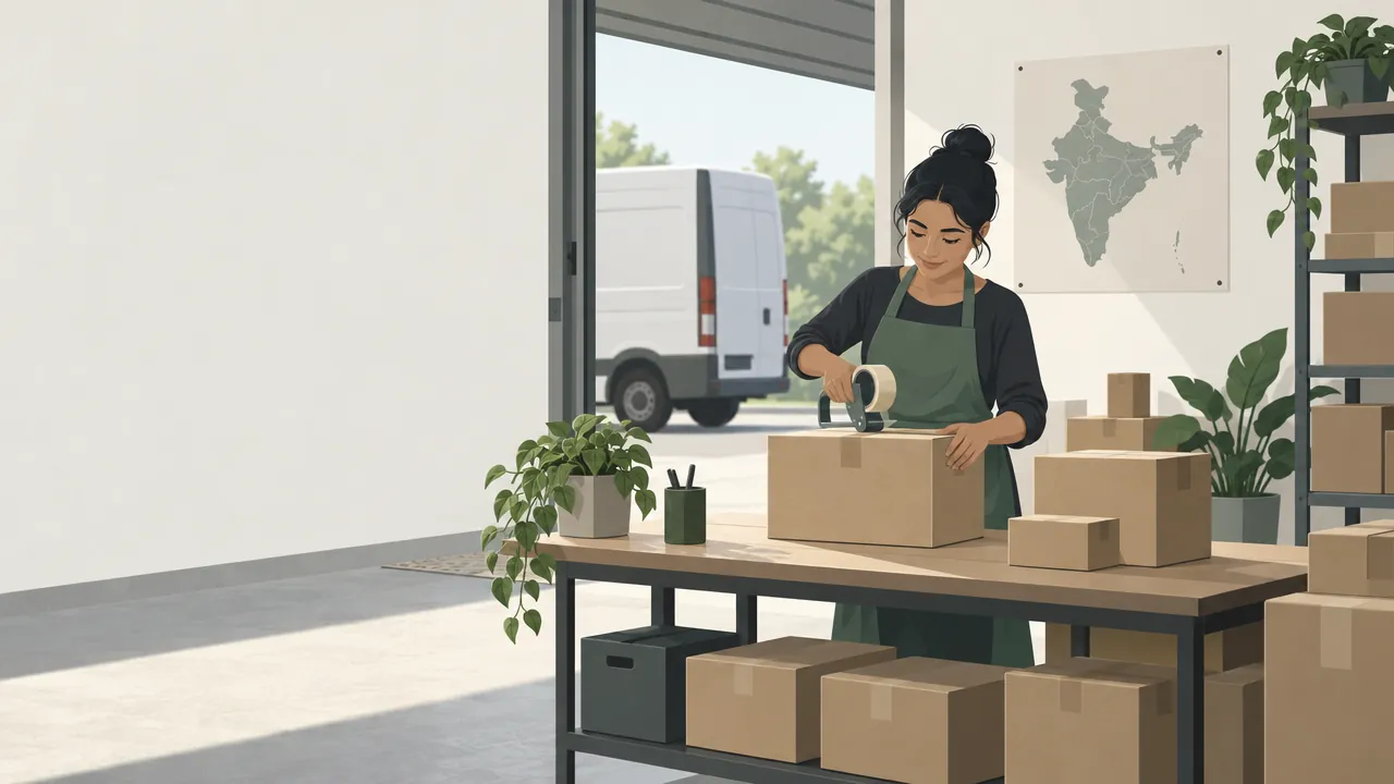 A small business owner seals a parcel at a packing table stacked with boxes, while a courier van waits outside and a map of India hangs on the wall.