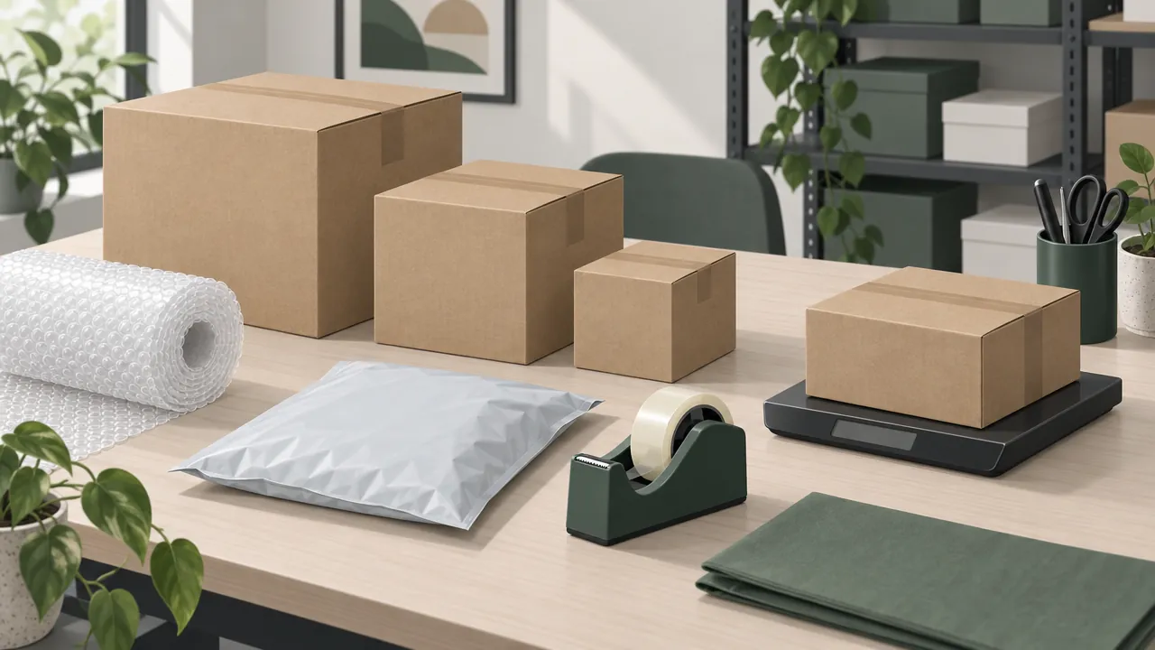 A packing table with boxes in three sizes, a roll of bubble wrap, a tape dispenser and a parcel on a digital scale.