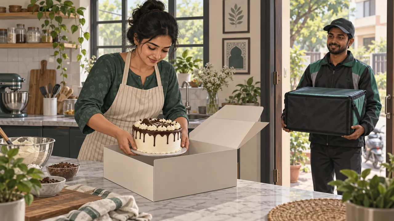 A baker lowers a cream cake into a sturdy box while a delivery partner waits with a flat carrier.