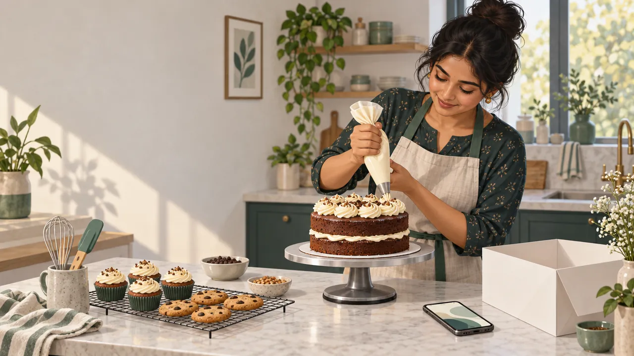 A home baker pipes cream on a celebration cake while cupcakes and cookies cool on a rack beside her.