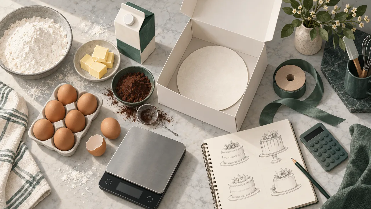 Baking ingredients, a kitchen scale, a cake box and a notebook with cake sketches on a counter.