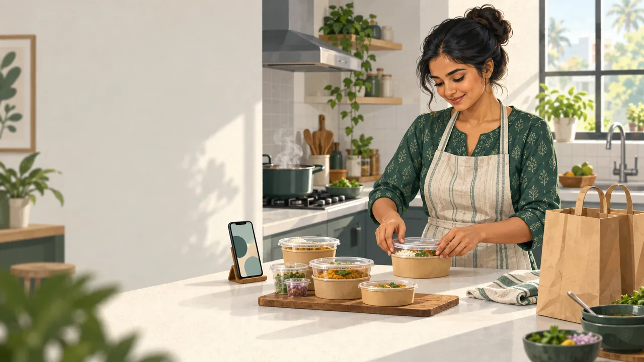 A home cook packs rice bowls and curries into sealed delivery containers in a bright kitchen, with a new order on her phone.