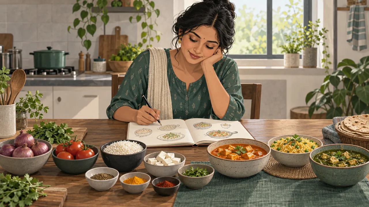 A cook planning a short menu at a kitchen table, with bowls of shared ingredients laid out in a row.