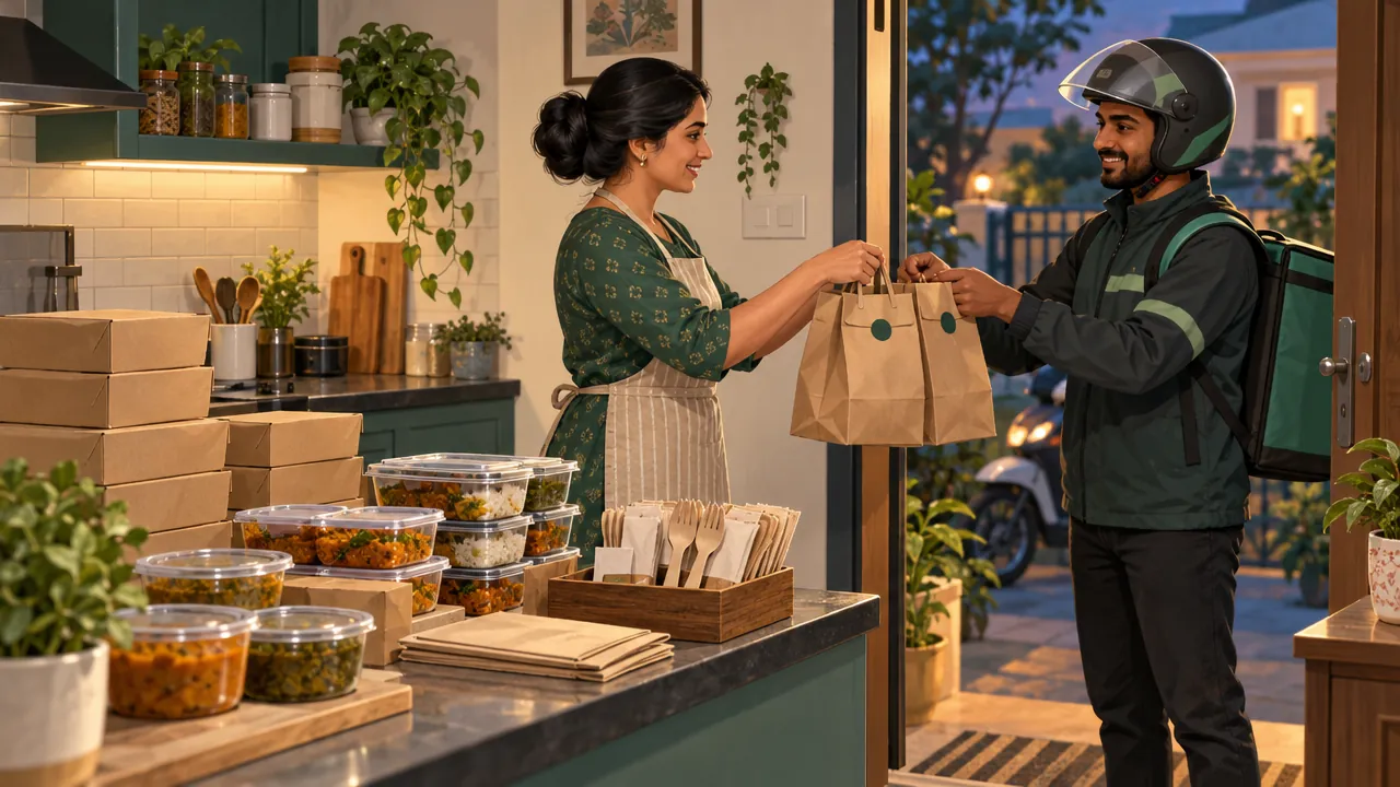 A neat packing station with sealed containers and paper bags, and a delivery partner collecting two bags at the kitchen door.