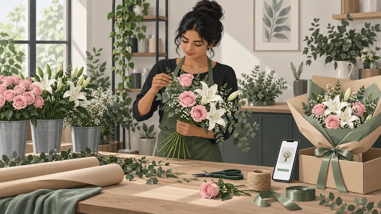 A young florist at a home workbench arranging a bouquet of roses and lilies, with buckets of fresh flowers, kraft wrapping paper and a finished bouquet ready for delivery.