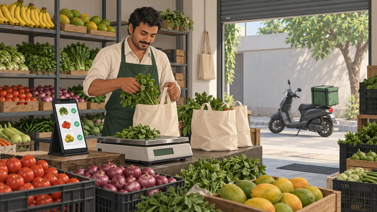 Inside a small fruit and vegetable shop in the early morning, the owner weighs vegetables on a digital scale and packs them into cloth bags for delivery orders shown on a phone.