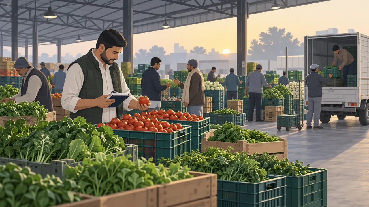 Early morning at a vegetable wholesale market, a buyer checking crates of tomatoes and leafy greens with a notebook, a small goods vehicle being loaded behind.