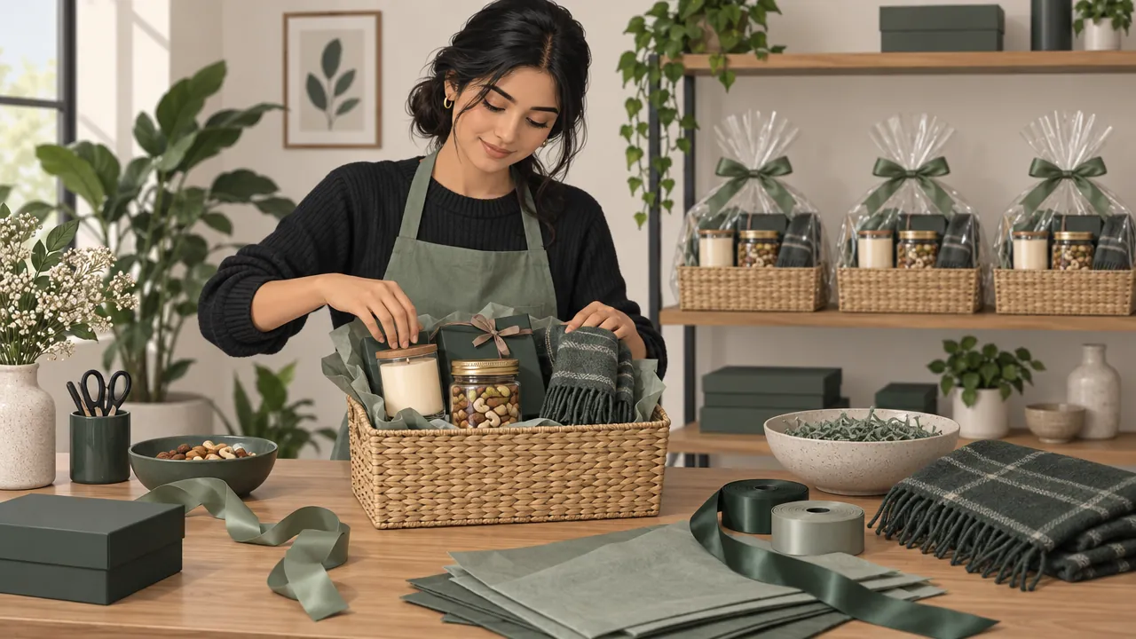 A young woman at a home studio table assembling a gift hamper in a woven basket with a candle, a jar of dry fruits, chocolates and a folded scarf, with finished hampers on a shelf.