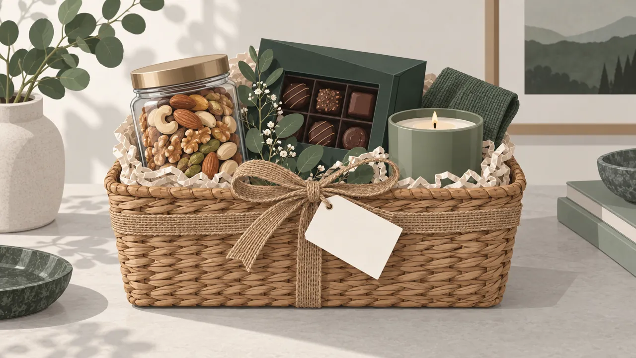 A finished gift hamper in a woven basket with paper shred, a jar of dry fruits, chocolates and a candle, tied with a jute ribbon and a handwritten card.