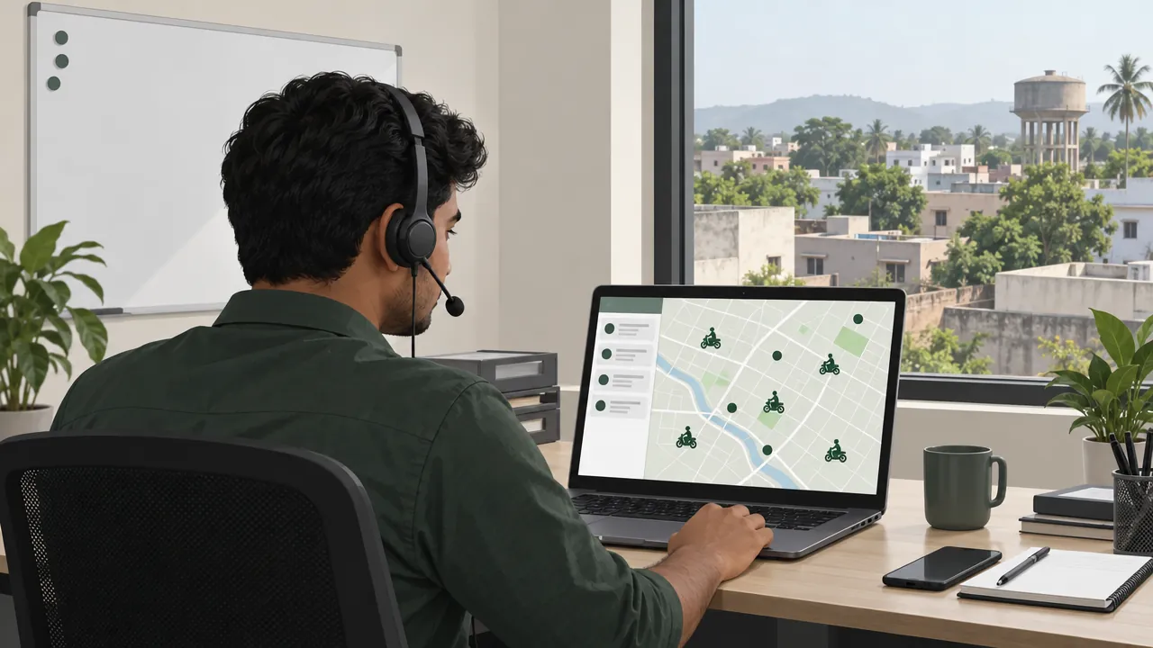 A dispatcher watches a live map of delivery partners and orders across town on a laptop.