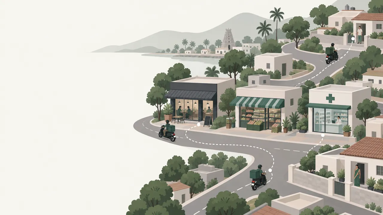 An illustrated small Indian town with a restaurant, a grocery shop and a pharmacy, and delivery partners on scooters connecting them to homes.