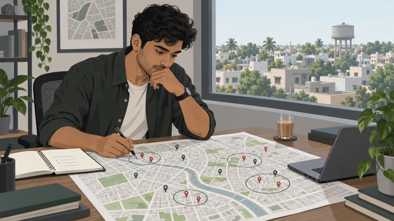A founder studies a printed town map with circles drawn around neighbourhoods and pins marking restaurants and shops.