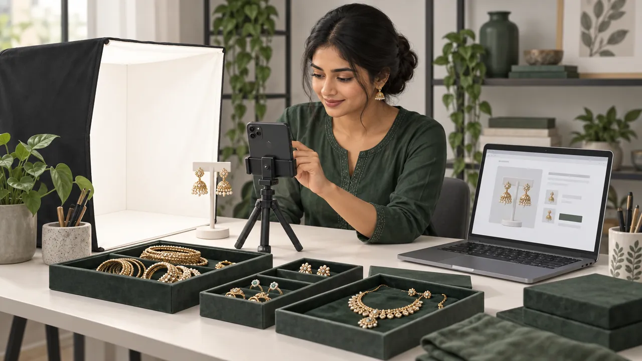 A young jewellery seller at a desk photographing a pair of earrings on a small white stand with a phone on a tripod, with trays of bangles, necklaces and rings beside a light box.