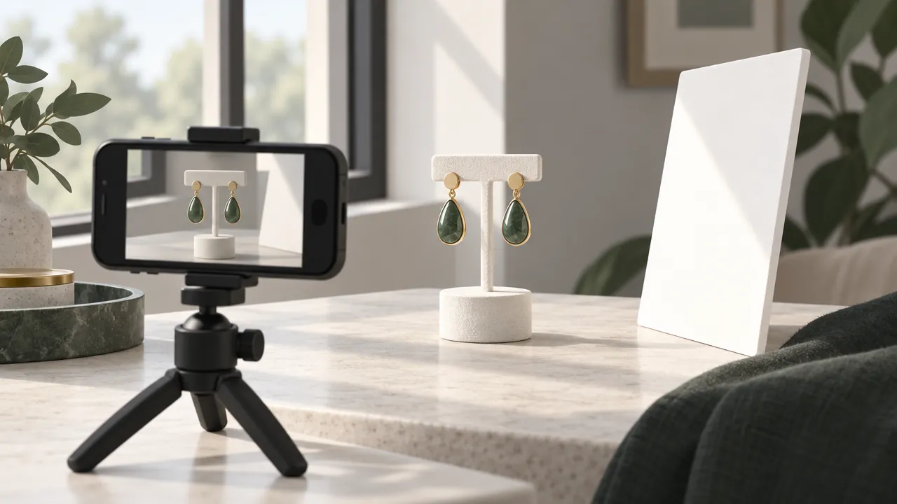 Close-up of a pair of earrings on a white display stand in soft window light, with a phone on a mini tripod and a white card reflecting light onto the earrings.