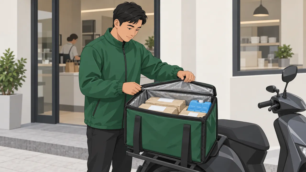 A delivery partner zips an insulated bag holding sealed packs of meat and an ice pack before leaving the shop.