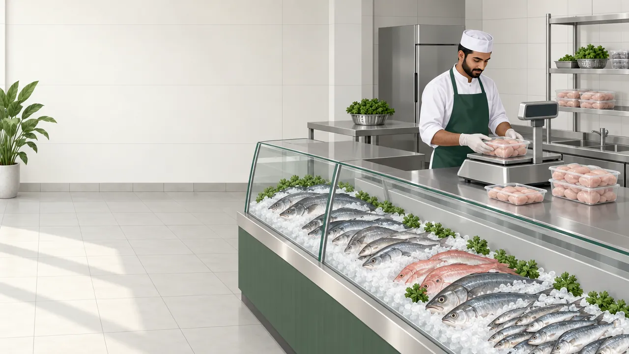 A clean, tiled meat and fish shop where a butcher in an apron weighs a tray of chicken while fresh fish rests on ice in a display counter.