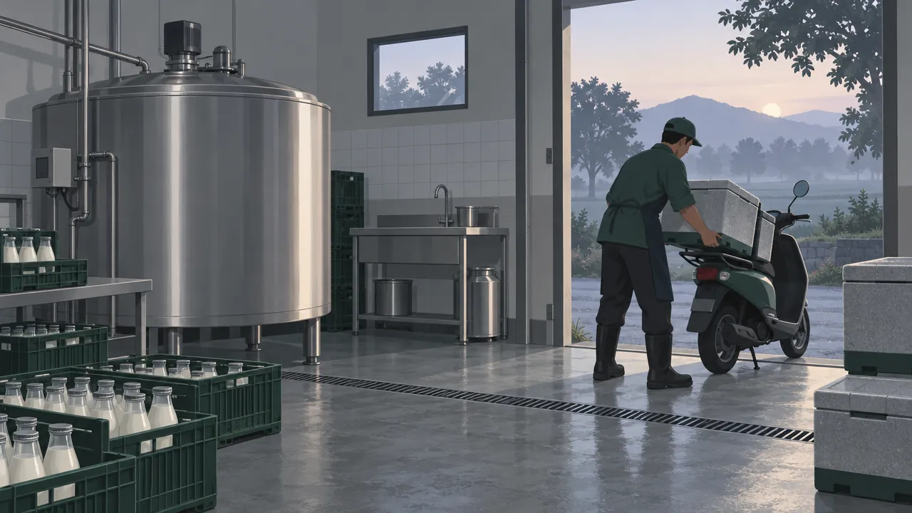 A small chilling room with a stainless steel milk cooler, crates of glass bottles, and a worker loading an insulated crate onto a scooter before dawn.