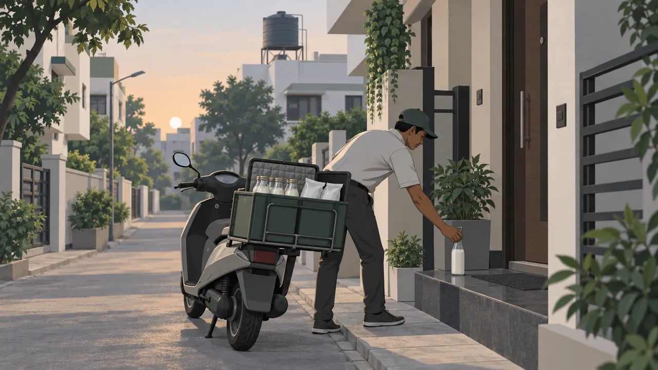 Early morning in a quiet residential lane, a milk delivery person on a scooter with an insulated crate places a bottle of milk at an apartment doorstep.