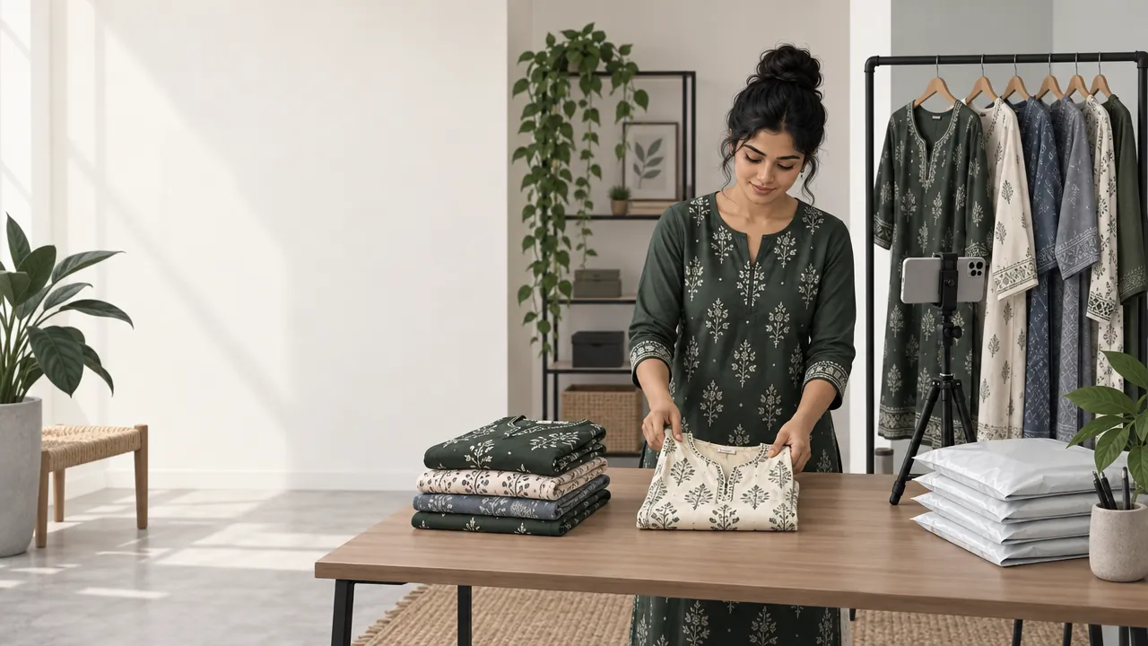 A woman in a small home studio folds kurtas beside a clothing rail, with a phone on a tripod ready to photograph the next piece.