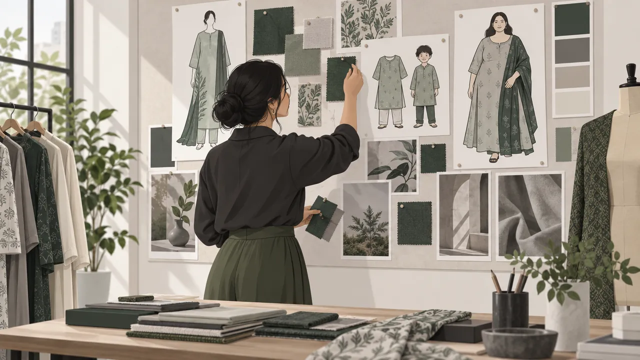 A designer pins fabric swatches and sketches of kurtas, kidswear and plus-size outfits to a mood board.