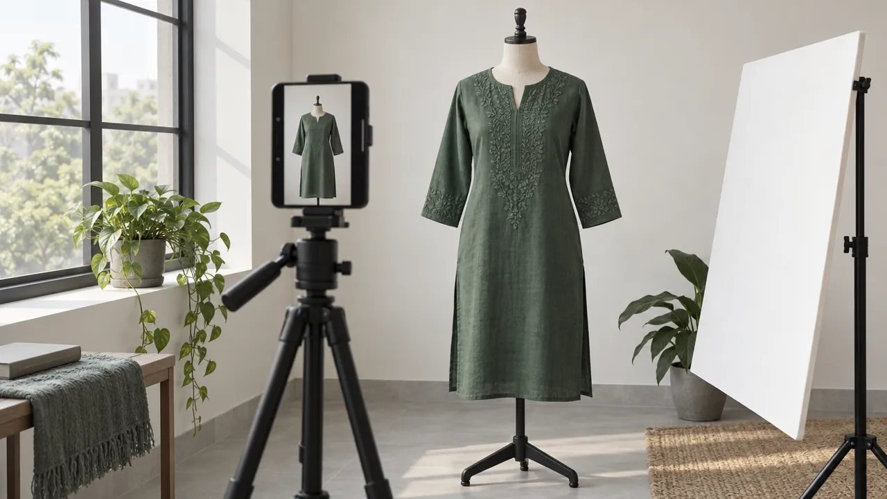 A phone on a tripod photographs a kurta on a dress form beside a window, with a reflector card bouncing soft light.