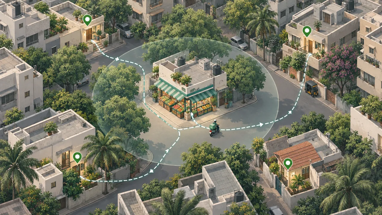 A neighbourhood seen from above with a corner shop, a delivery route and a soft circle marking a small delivery area.