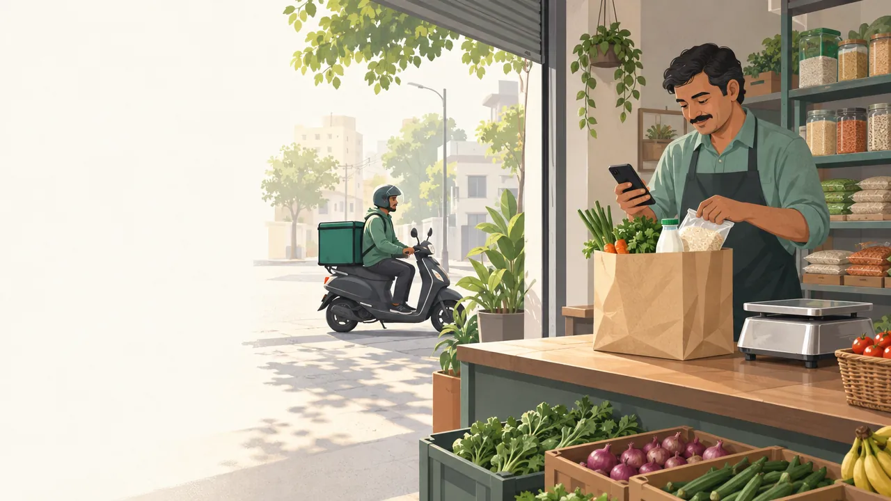 A grocery shop owner packs a paper bag of vegetables, rice and milk while a delivery partner waits outside on a scooter.