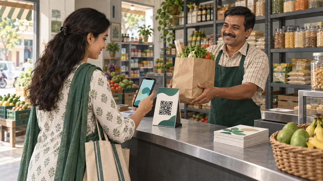 A customer at a grocery counter scans a QR code standee while the shopkeeper hands her a bag.