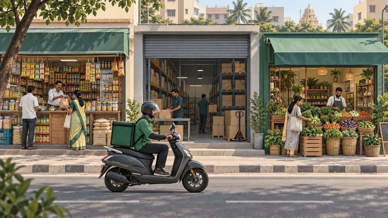 Three kinds of grocery business on one street: a neighbourhood shop, a delivery-only warehouse and a speciality produce shop.