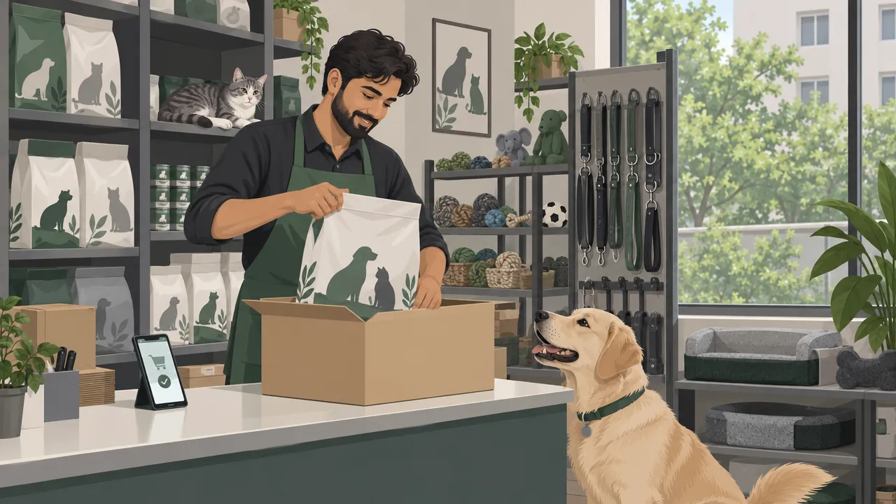 Inside a small pet supplies shop, the owner packs a large bag of pet food into a delivery box while a friendly dog sits beside the counter looking up.