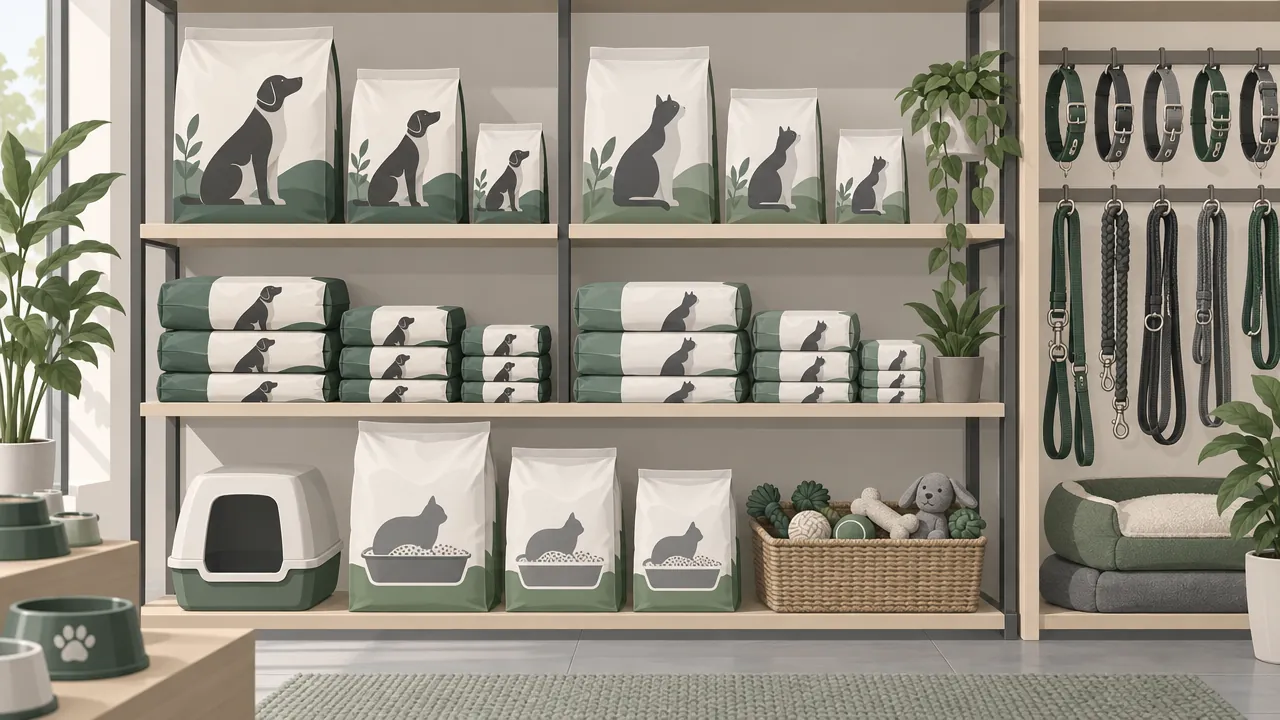 Neat shelves in a pet supplies store with stacked bags of dog and cat food in different sizes, bags of cat litter, and a section of collars and toys.