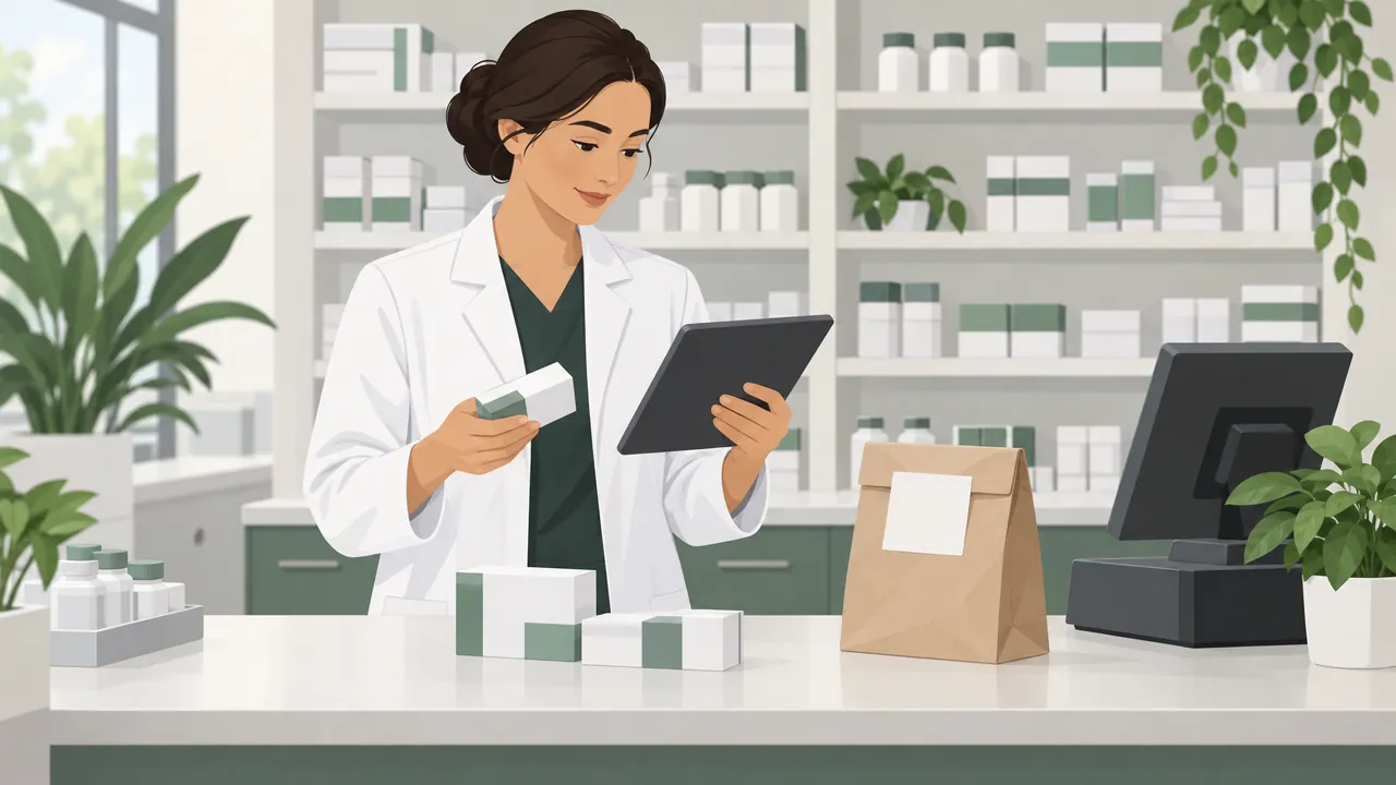 A pharmacist at a counter comparing a prescription on a tablet with medicine boxes, a small delivery bag sealed and labelled beside the till.
