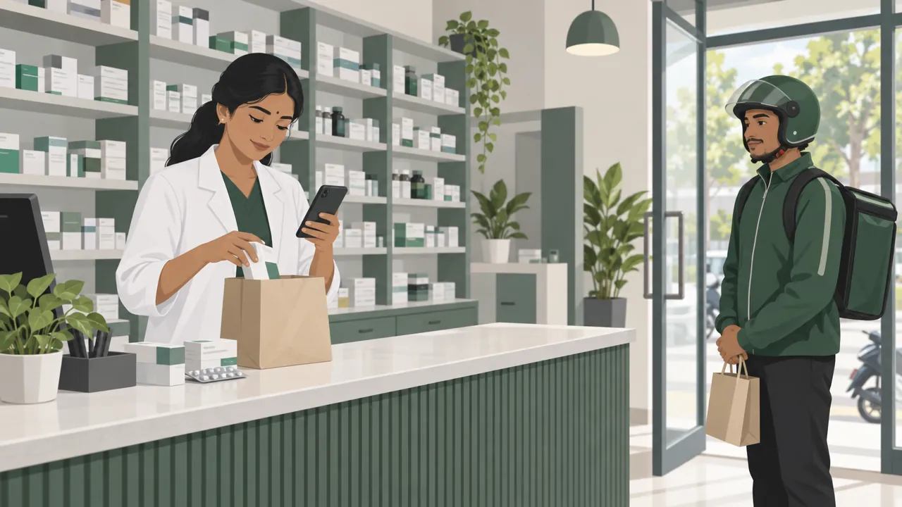 A pharmacist in a white coat at a neighbourhood pharmacy counter checking a prescription on a phone while packing medicines into a sealed paper bag for a waiting delivery partner.
