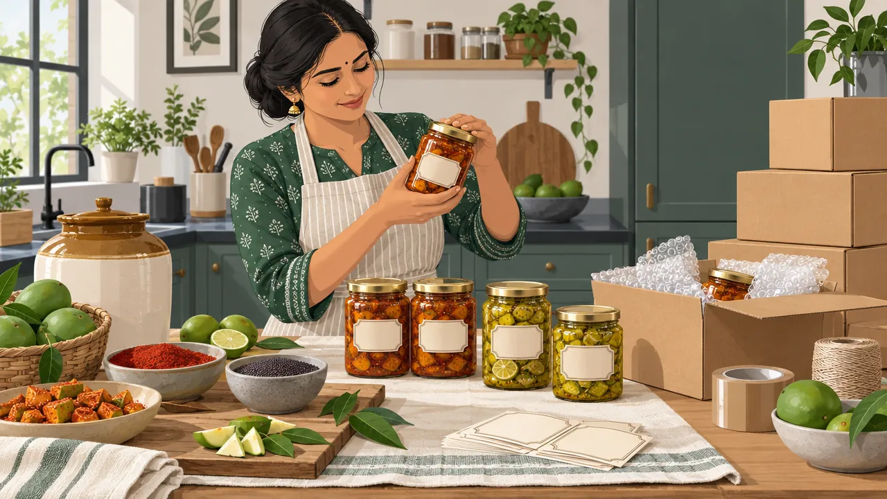 A bright home kitchen table with glass jars of mango and lime pickle being sealed and labelled, bowls of red chilli powder and mustard seeds, and shipping boxes with bubble wrap.