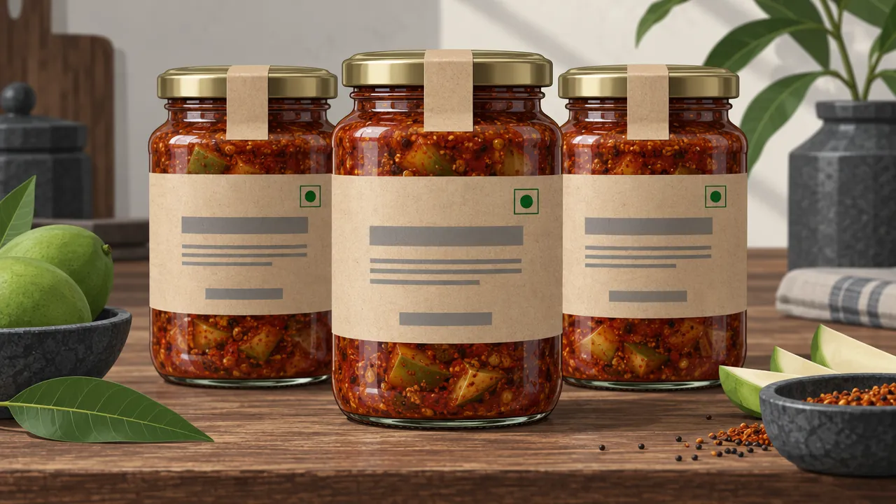 Close-up of glass pickle jars with plain kraft labels showing a product name area, an ingredients block, a green veg symbol and a small table of details.