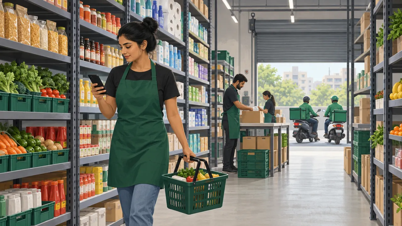A picker with a basket and phone walks an aisle of a bright dark store while delivery partners wait at the open shutter.