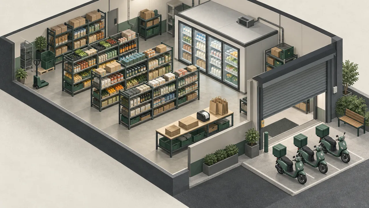 An isometric cutaway of a small dark store with aisles, a cold room, a packing table by the exit and scooters outside.
