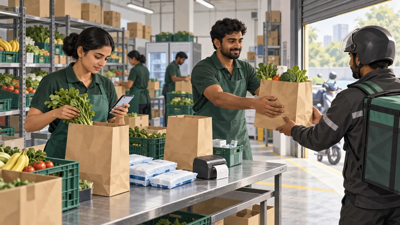 Two staff pack grocery orders at a packing table while a delivery partner collects a bag at the shutter.