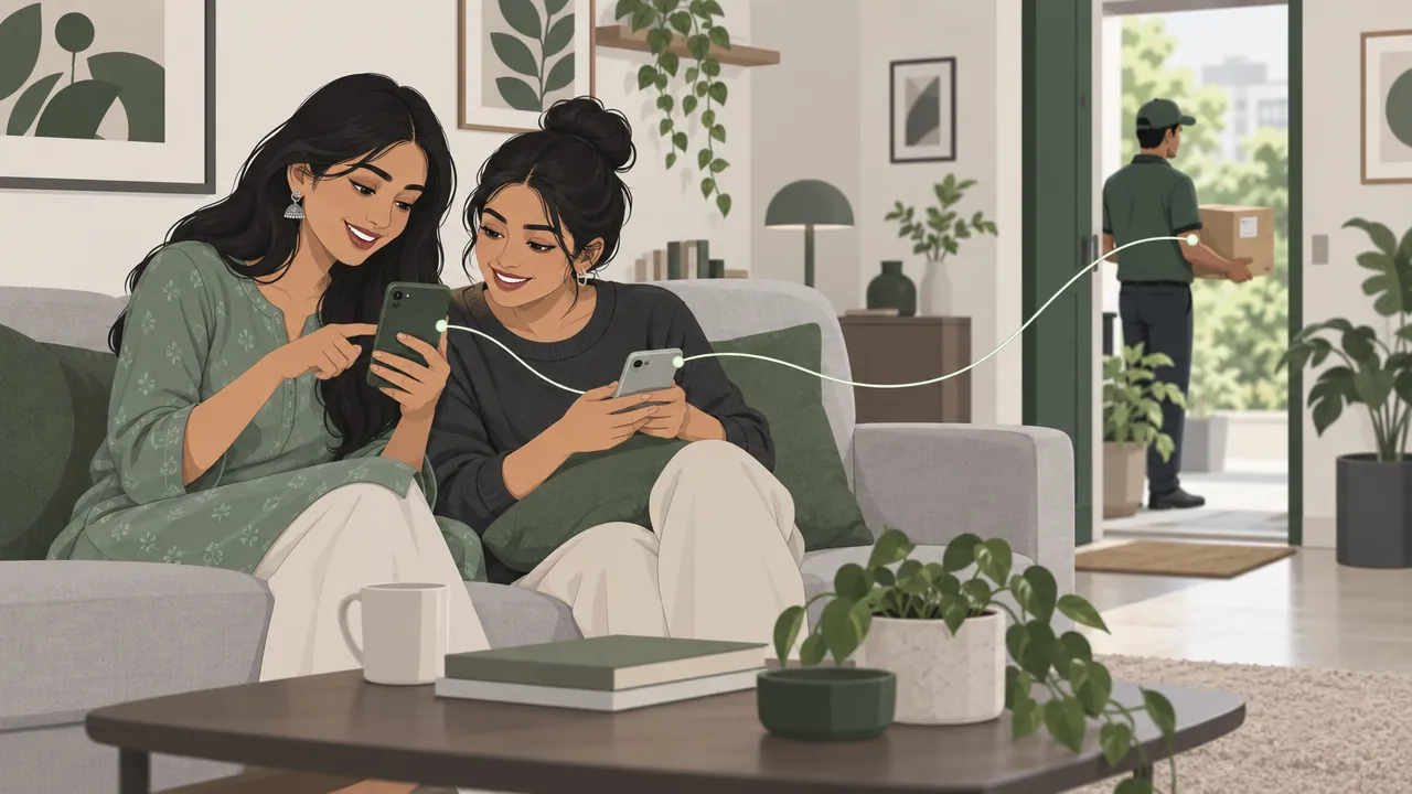 Two young friends on a sofa, one showing the other a shopping app on her phone and sharing a link, with a parcel being delivered at the door in the background.