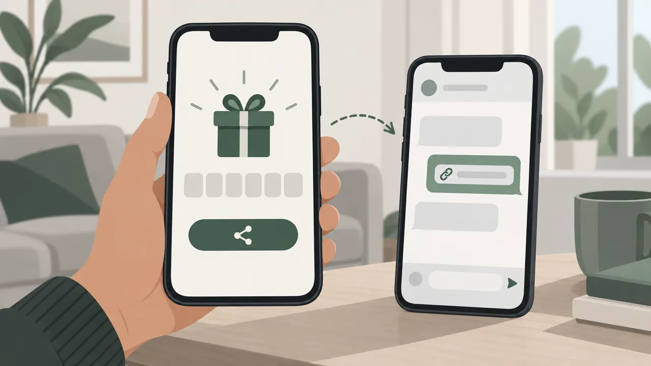 A phone showing a refer-and-earn screen with a personal code and a WhatsApp share button, next to a chat where the link has just been sent.