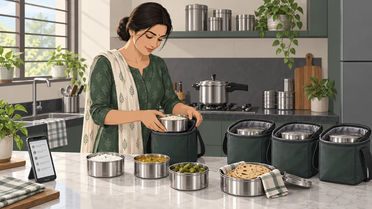 A woman in a tidy home kitchen packing steel tiffin boxes with rice, dal, sabzi and rotis into insulated bags lined up on the counter, with a phone showing an order list.