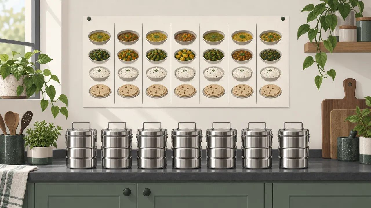 A weekly menu card pinned beside a kitchen, with seven columns and simple drawings of dal, sabzi, rice and rotis, next to a row of clean steel tiffin boxes.