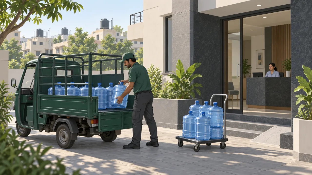 A delivery person unloading blue 20 litre water cans from a small goods three-wheeler outside an apartment building, with a stack of sealed cans on a hand trolley.
