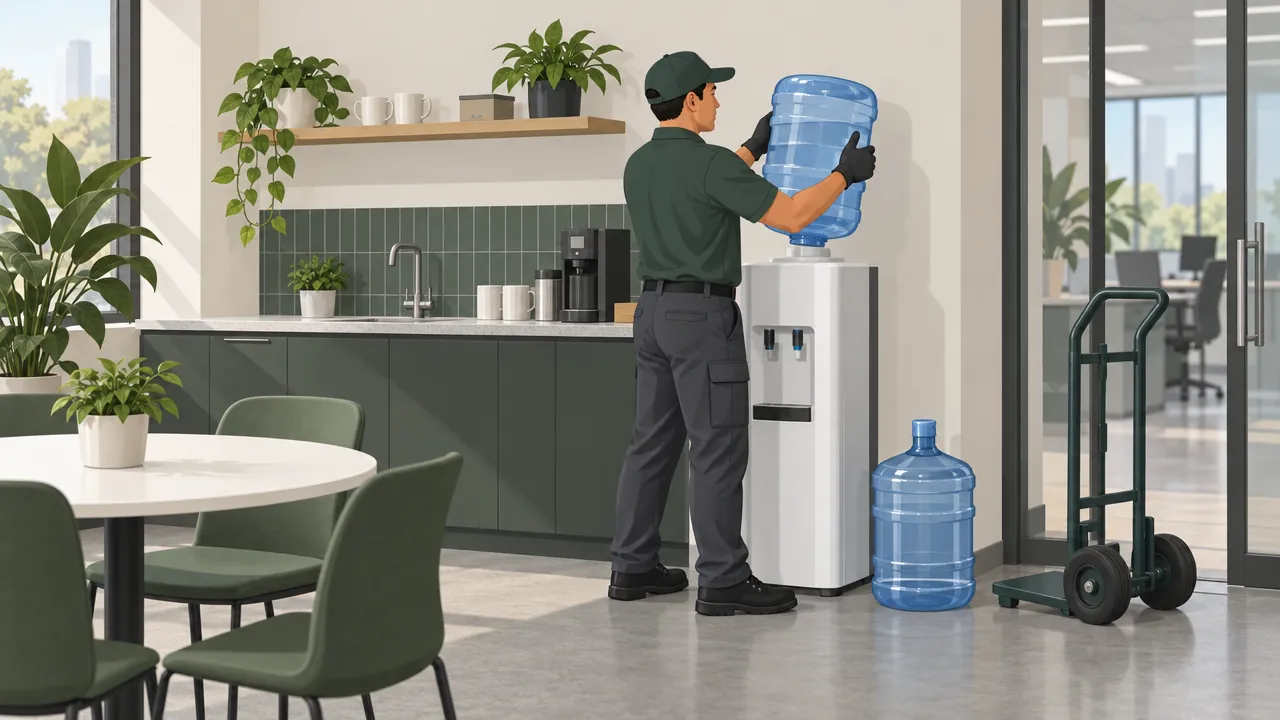 A delivery person in an office pantry lifting a full 20 litre water can onto a dispenser, with the empty can beside it ready to be taken away.