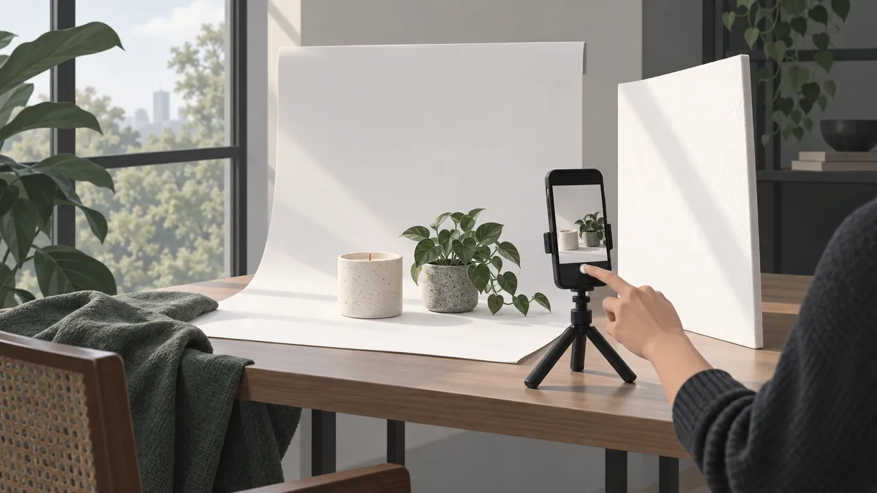 A home product photo setup by a large window: a white paper sweep, a handmade candle and a small plant, a phone on a mini tripod and a white foam board reflecting light.