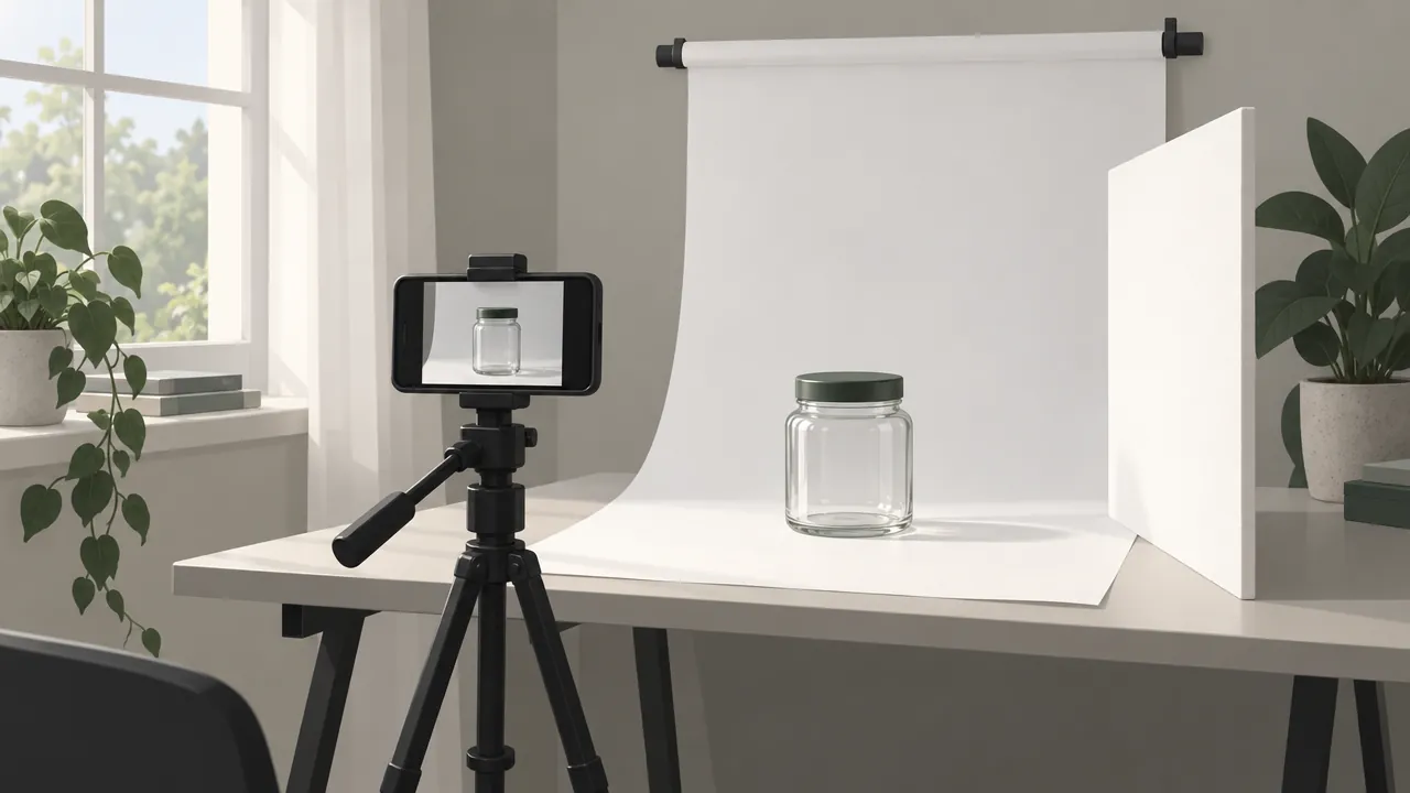 A white paper sweep curving from a wall onto a table, with a jar on it, a phone on a tripod and a white card reflecting window light onto the side of the jar.