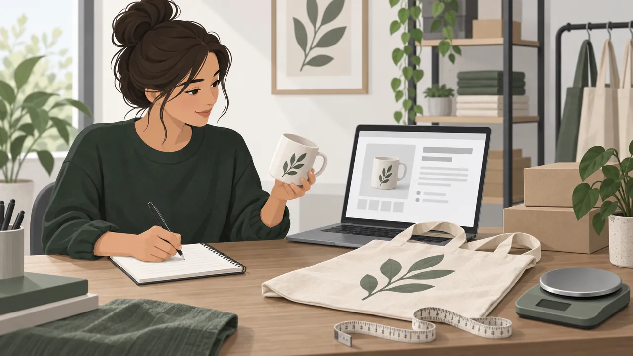 A seller at a desk taking notes about a ceramic mug and a cotton tote bag placed beside a laptop that shows a product page layout, with a measuring tape and a small scale.