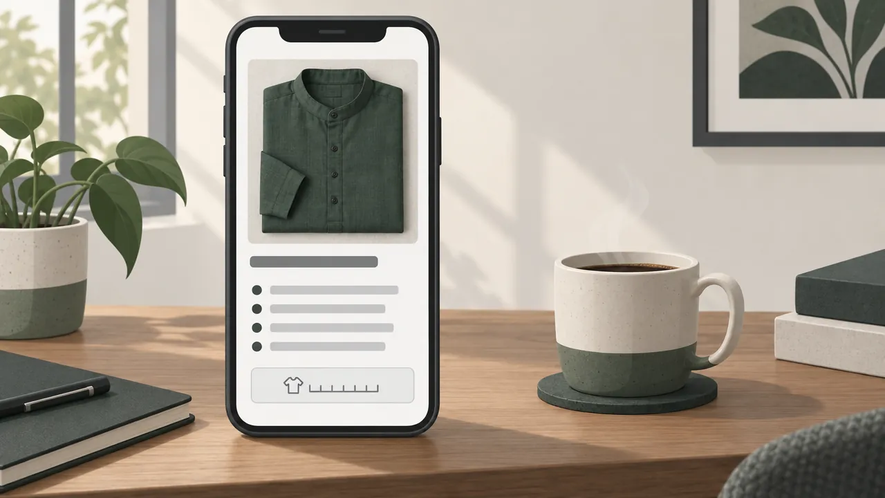 A product page on a phone with a short benefit line, a bulleted list of details and a size chart link under the product photos.