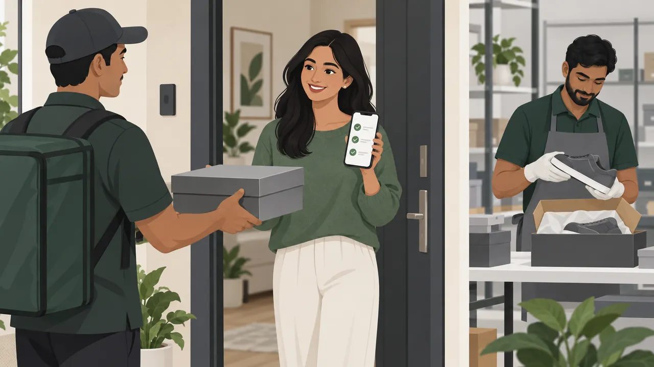 A delivery partner at an apartment door handing a returned shoe box to a customer holding a phone with a checklist, while a staff member inspects an opened parcel in the background.